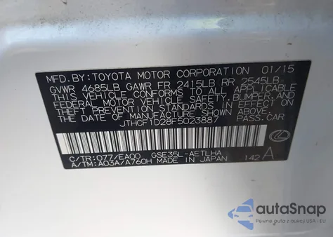 2015 Lexus Is 250 из США, поврежденный, VIN JTHCF1D28F5023887